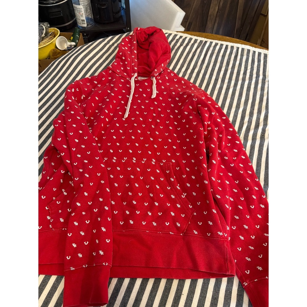 True‎ Religion Mens Red Monogram Horseshoe All Over Print Pullover Hoodie Y2K